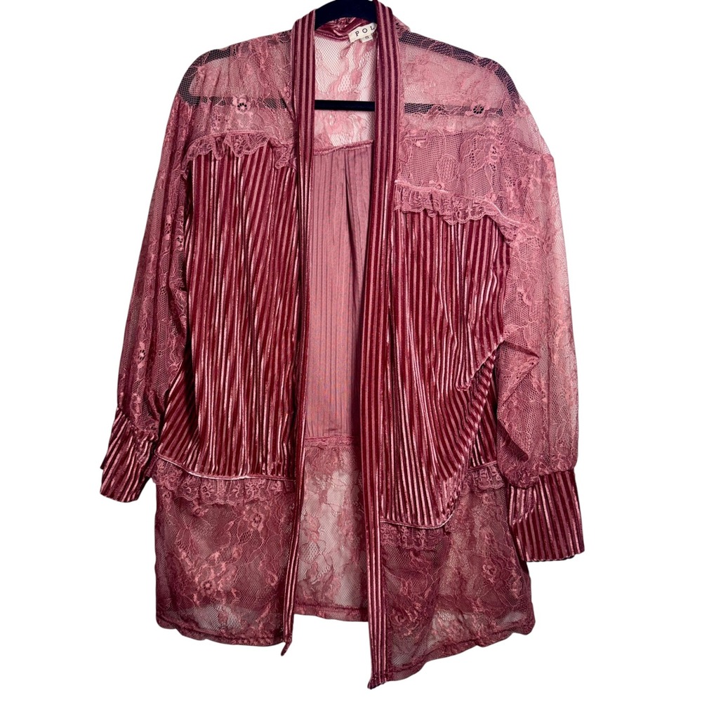 POL Pink Lace Velvet Kimono Cardigan‎ Boho Romantic Oversized Small